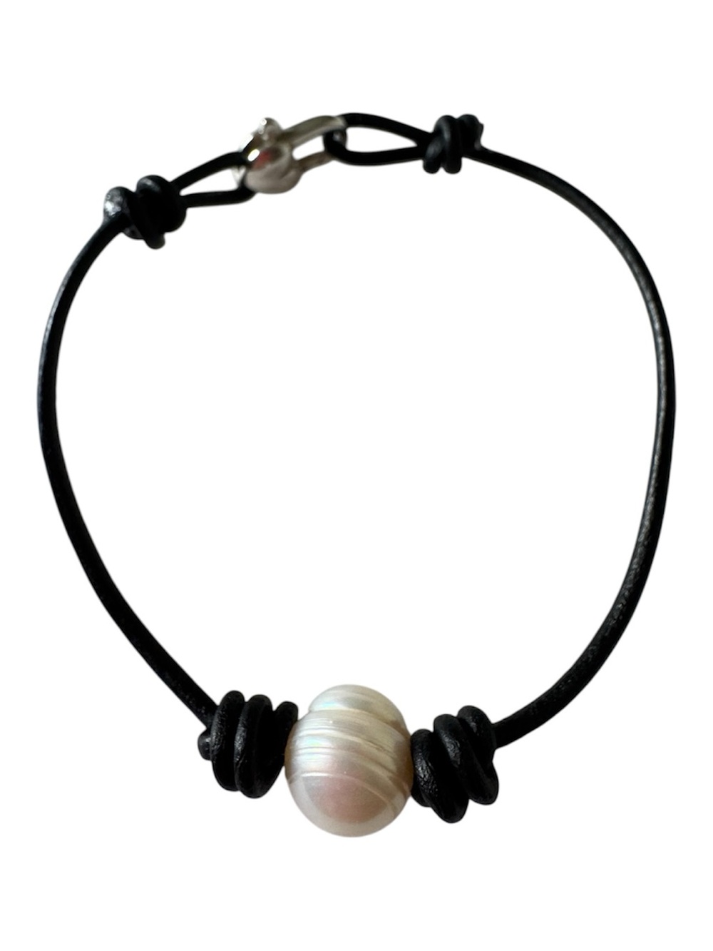 Sundance 925 Sterling Silver Black Leather Bracelet with Jumbo White Pearl NEW